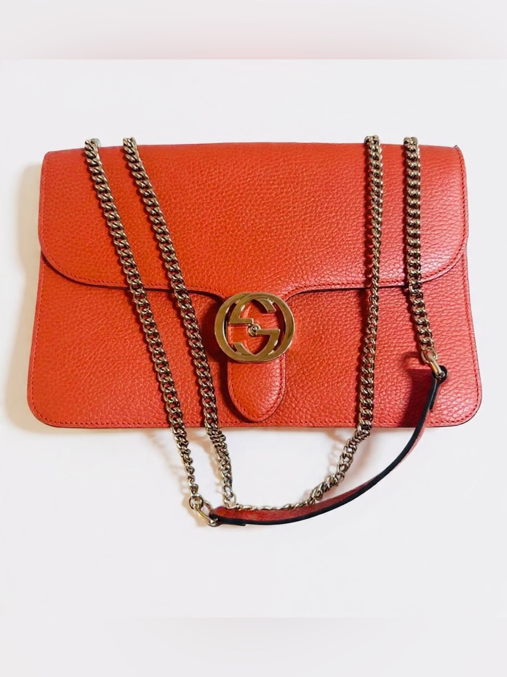 Gucci Dollar Sun Orange Pebbled Leather Shoulder Bag with Gold GG Chain